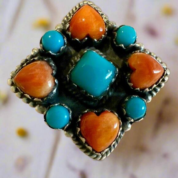 Turquoise & Spiny Oyster Southwestern Sterling Silver Ring Size 7 - Picture 4 of 6